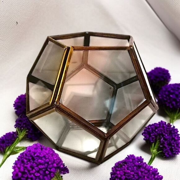 Geometric Glass Brass Terrarium Octagon Planter Display Case Candle Holder Vtg - Picture 11 of 16